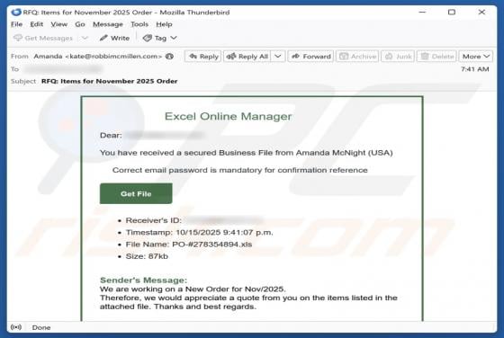 Oszustwo e-mailowe Excel Online Manager