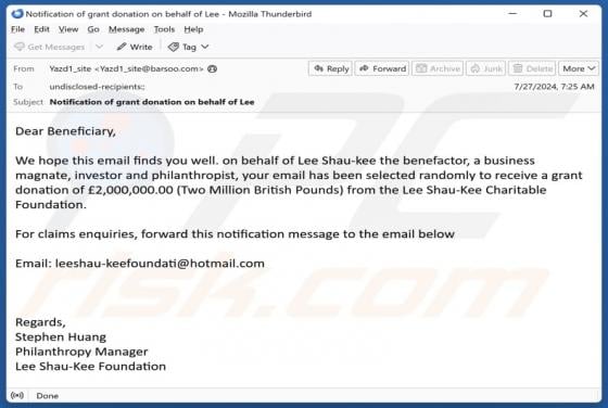 Oszustwo e-mailowe Lee Shau-Kee Charitable Foundation