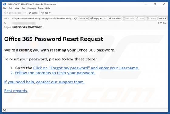 Oszustwo e-mailowe Office 365 Password Reset Request