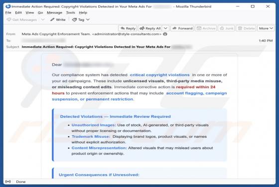 Oszustwo e-mailowe Meta Ads Critical Copyright Violations