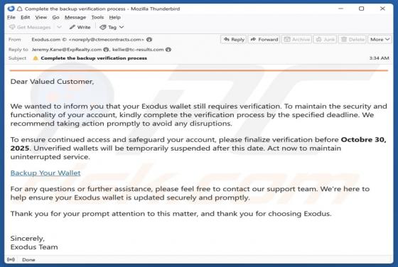 Oszustwo e-mailowe Exodus Wallet Verification