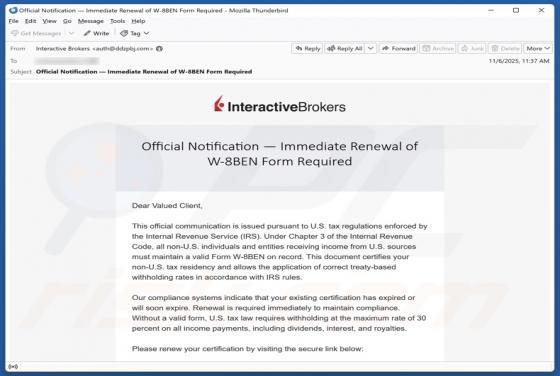 Oszustwo e-mailowe Interactive Brokers - Renewal of W-8BEN Form Required