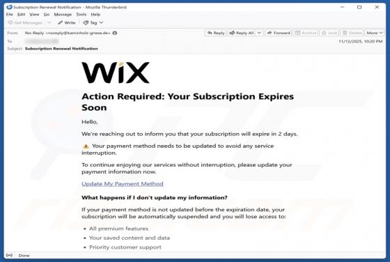 Oszustwo e-mailowe Wix Subscription Expiration