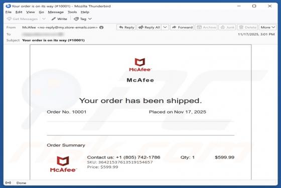 Oszustwo e-mailowe McAfee - Your Order Has Been Shipped