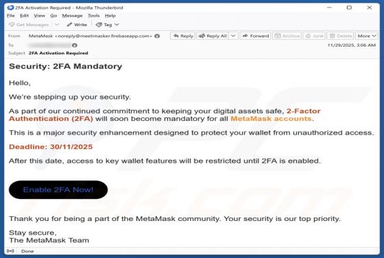 Oszustwo e-mailowe MetaMask 2FA Activation