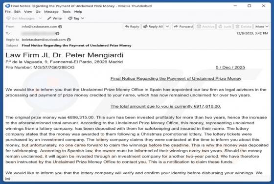 Oszustwo e-mailowe Unclaimed Prize Money