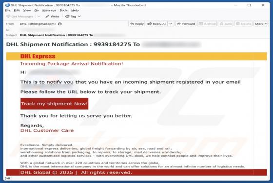 Oszustwo e-mailowe DHL Express - Incoming Package Arrival Notification