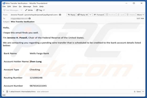 Oszustwo e-mailowe Wells Fargo - Pending Wire Transfer