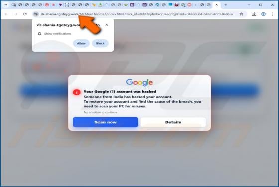 Your Google Account Was Hacked POP-UP Oszustwo