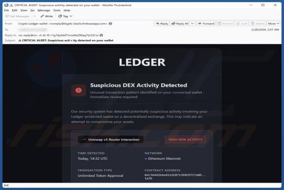 Oszustwo e-mailowe Ledger - Suspicious DEX Activity Detected