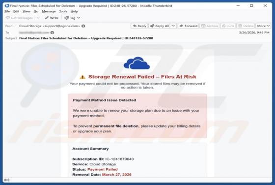 Oszustwo e-mailowe Cloud Storage Renewal Failed