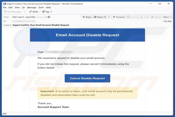 Email Account Disable Request oszustwo