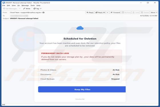 Cloud Account Scheduled For Deletion oszustwo e-mailowe