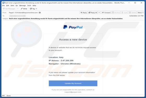 PayPal - Access From A New Device oszustwo e-mailowe