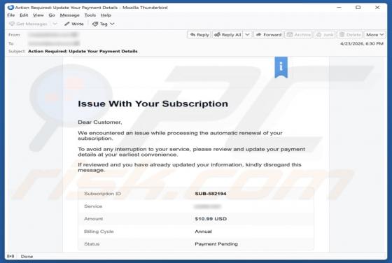 Wix Subscription Renewal oszustwo e-mailowe