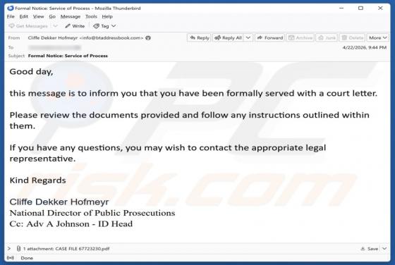 You Have Been Served With A Court Letter oszustwo e-mailowe