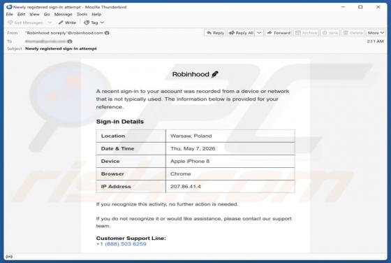 Robinhood Unrecognized Sign-In oszustwo e-mailowe