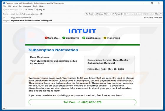 Intuit QuickBooks Subscription Is Due For Renewal oszustwo e-mailowe
