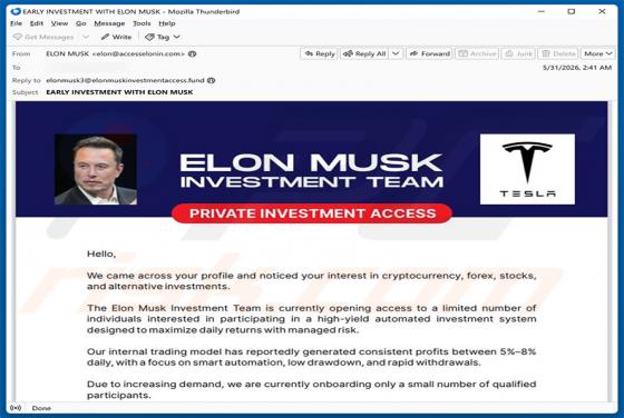 Elon Musk Investment Team oszustwo e-mailowe