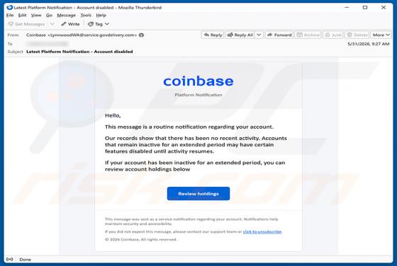 Coinbase - Disablement Of Inactive Accounts oszustwo e-mailowe