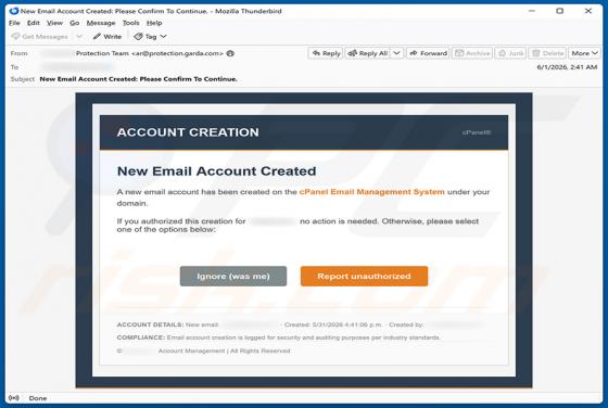 cPanel Account Creation oszustwo e-mailowe