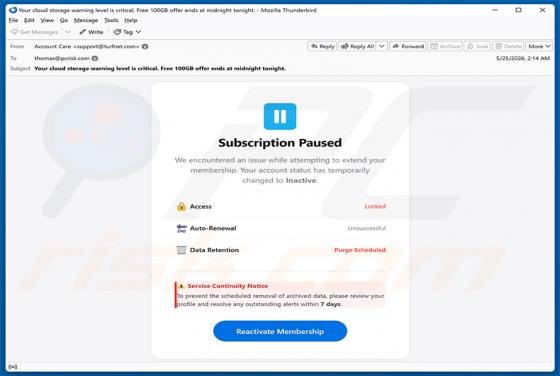 Cloud Subscription Paused oszustwo e-mailowe