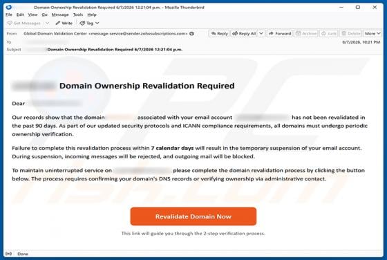 Domain Ownership Revalidation Required oszustwo e-mailowe