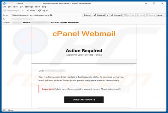 cPanel Final Account Upgrade State oszustwo e-mailowe