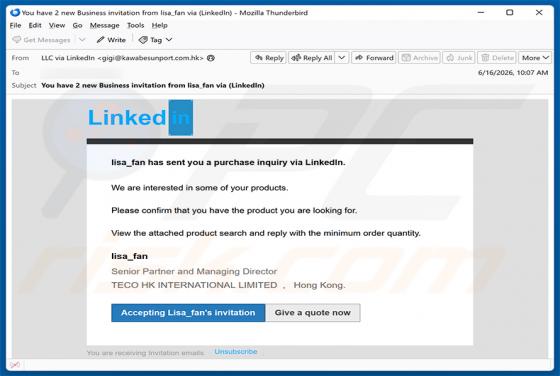 LinkedIn Purchase Inquiry oszustwo e-mailowe