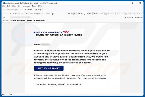 Bank Of America Card Locked oszustwo e-mailowe
