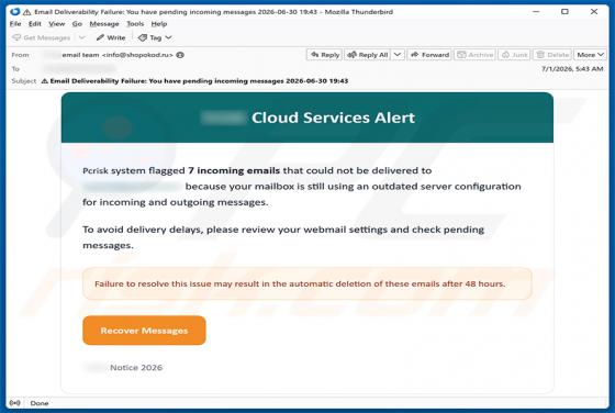 Cloud Services Alert oszustwo e-mailowe