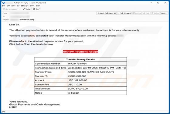 HSBC Money Transfer Completed oszustwo e-mailowe