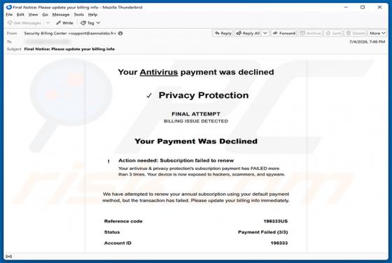 Your Antivirus Payment Was Declined oszustwo e-mailowe