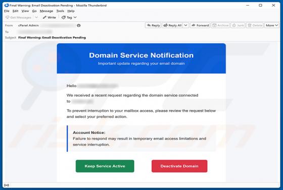 Domain Service Deactivation oszustwo e-mailowe