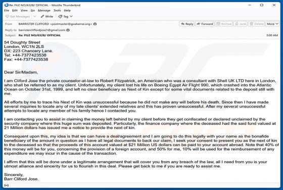 Assistance In Claiming The Money oszustwo e-mailowe