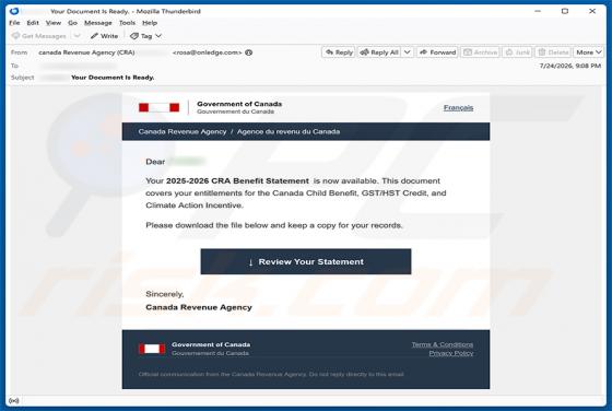 Canada Revenue Agency (CRA) Benefit Statement oszustwo e-mailowe