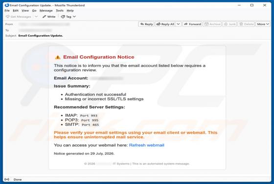 Email Configuration Notice oszustwo