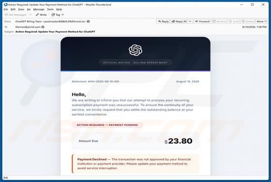 ChatGPT Payment Method Update oszustwo e-mailowe