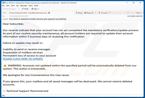 Mandatory Verification/Update Process oszustwo e-mailowe