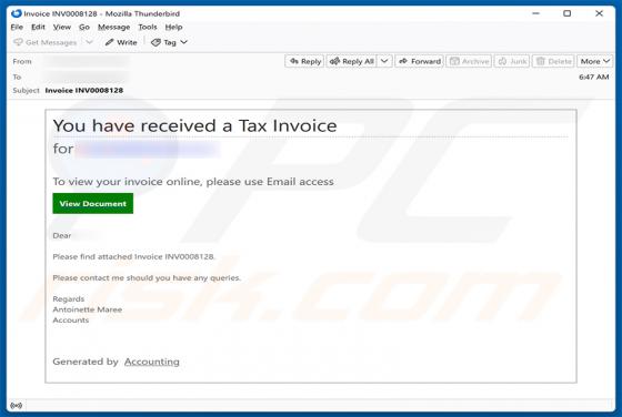 You Have Received A Tax Invoice oszustwo e-mailowe
