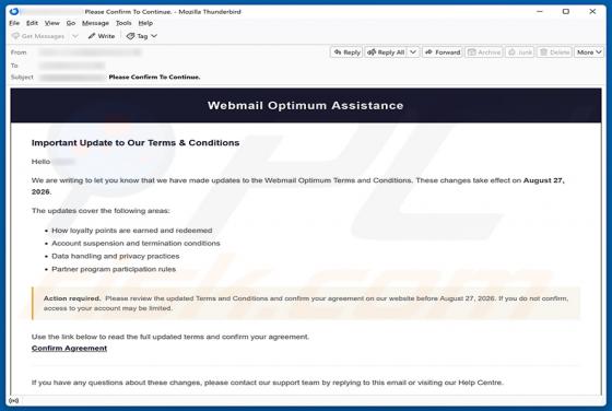 Webmail Optimum Terms and Conditions Update oszustwo e-mailowe