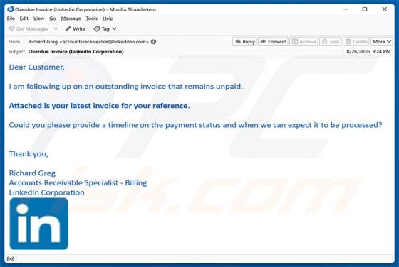 LinkedIn - Outstanding Invoice oszustwo e-mailowe
