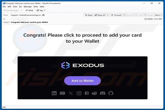 Exodus - Add Your Card To Your Wallet oszustwo e-mailowe