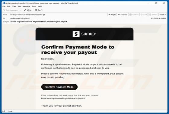 SumUp Payment Mode Confirmation oszustwo e-mailowe