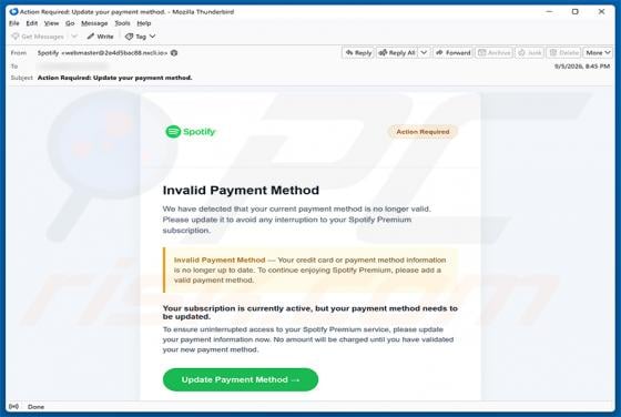 Spotify - Invalid Payment Method oszustwo e-mailowe