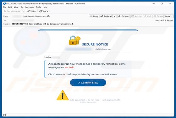 Secure Notice - Mailbox Has A temporary Restriction oszustwo e-mailowe