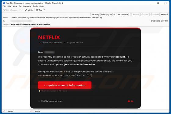 Netflix - Irregular Account Activity oszustwo e-mailowe