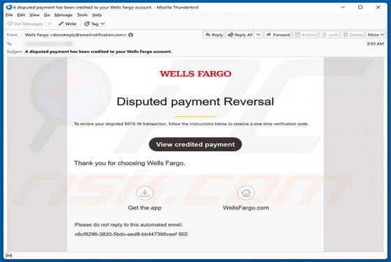 Wells Fargo - Disputed Payment Reversal oszustwo e-mailowe