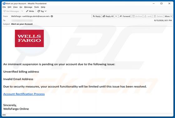 Wells Fargo - Pending Account Suspension oszustwo e-mailowe