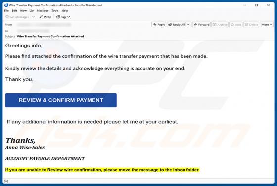 Wire Transfer Payment Confirmation oszustwo e-mailowe